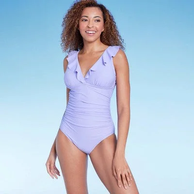 New - Women's Ruffle Full Coverage One Piece Swimsuit - Shade & Shore Lilac Purple L Retro Swimwear Style