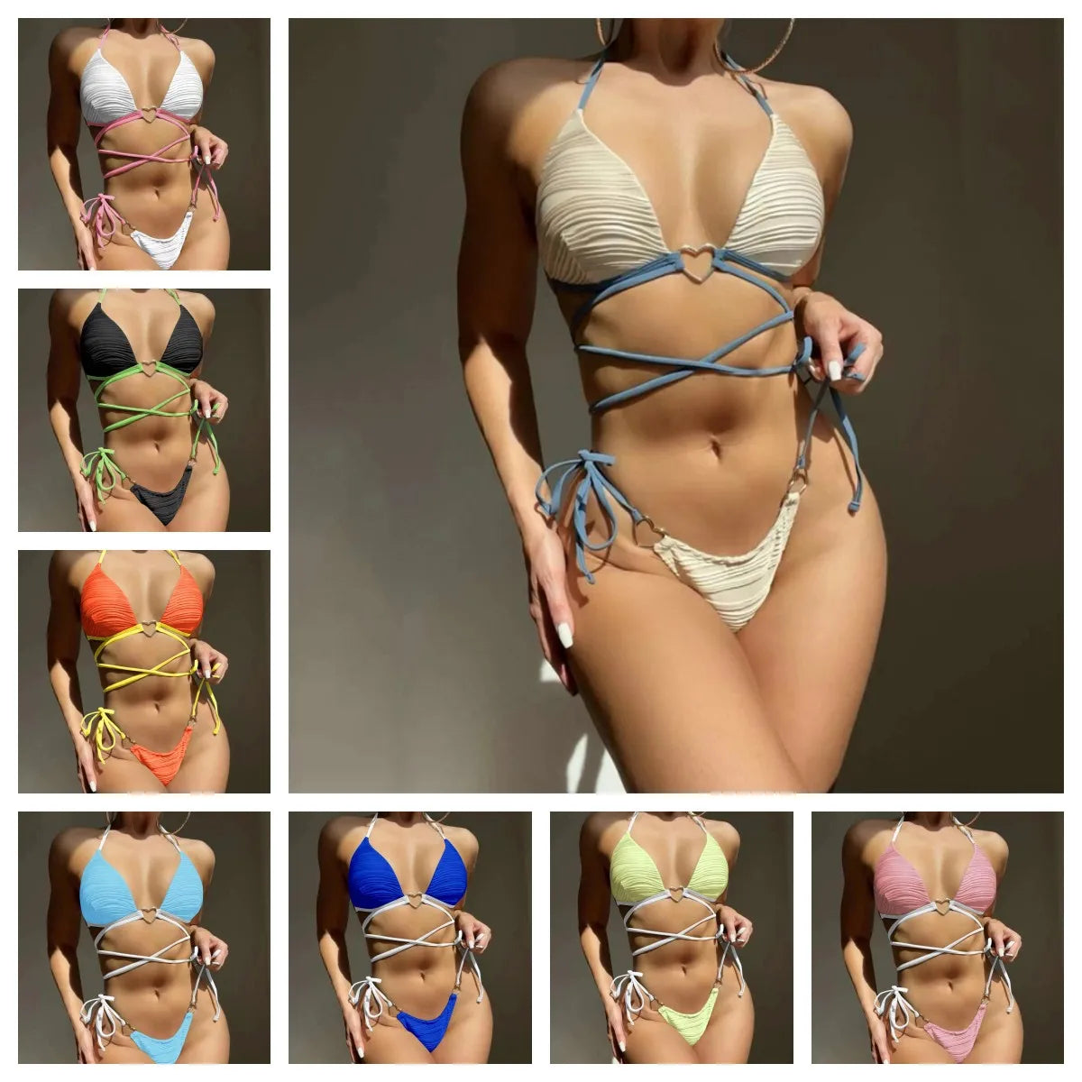 Sexy Love Drawstring Strap Hard Cup Bikini Women Swimwear Seaside Holiday Color-Block Bikini